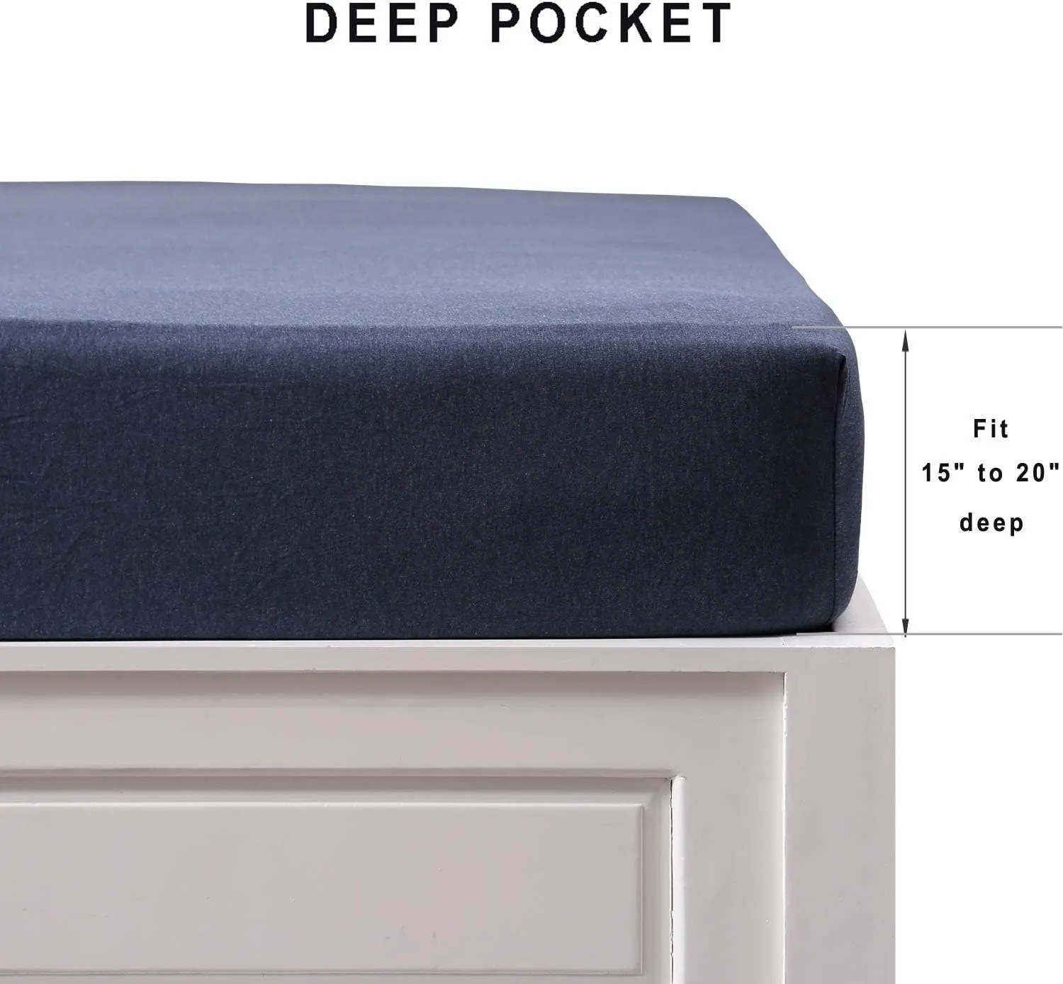 PURE ERA Jersey Knit Cotton Fitted Bottom Sheet ONLY (No Flat Sheet or Shams) Deep Pocket Up to 15" to 20" Ultra Soft Comfy Breathable Heathered Navy Blue Queen