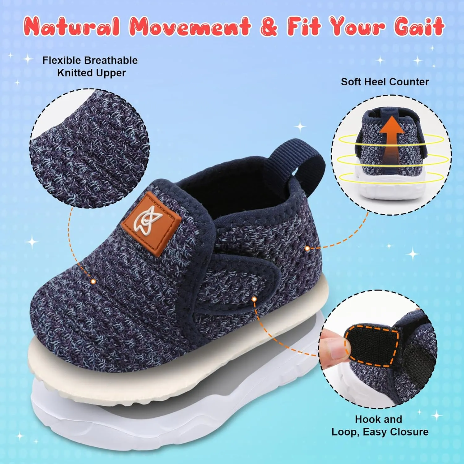 QFH Toddler Shoes Boys Girls Sneakers Comfy Barefoot Shoes Kids Adjustable Hook and Loop Walking Shoes Wide Toe Box Breathable Shoes