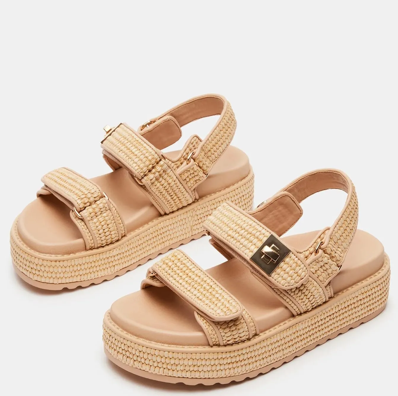 Raffia Platform Sandals for Women Comfortable Casual Beach Sandals Summer Open Toe Woven Slingback Platform Sandals with Adjustable Double Buckle Strap Beach Slides Sandals