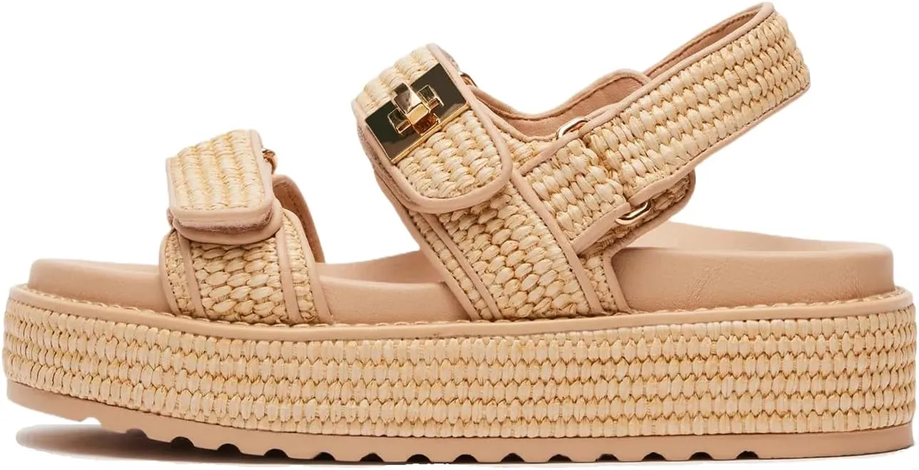 Raffia Platform Sandals for Women Comfortable Casual Beach Sandals Summer Open Toe Woven Slingback Platform Sandals with Adjustable Double Buckle Strap Beach Slides Sandals