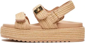Raffia Platform Sandals for Women Comfortable Casual Beach Sandals Summer Open Toe Woven Slingback Platform Sandals with Adjustable Double Buckle Strap Beach Slides Sandals