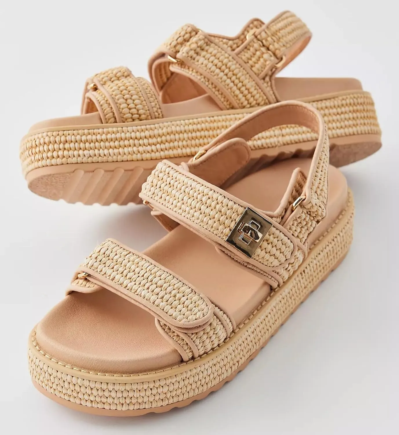 Raffia Platform Sandals for Women Comfortable Casual Beach Sandals Summer Open Toe Woven Slingback Platform Sandals with Adjustable Double Buckle Strap Beach Slides Sandals