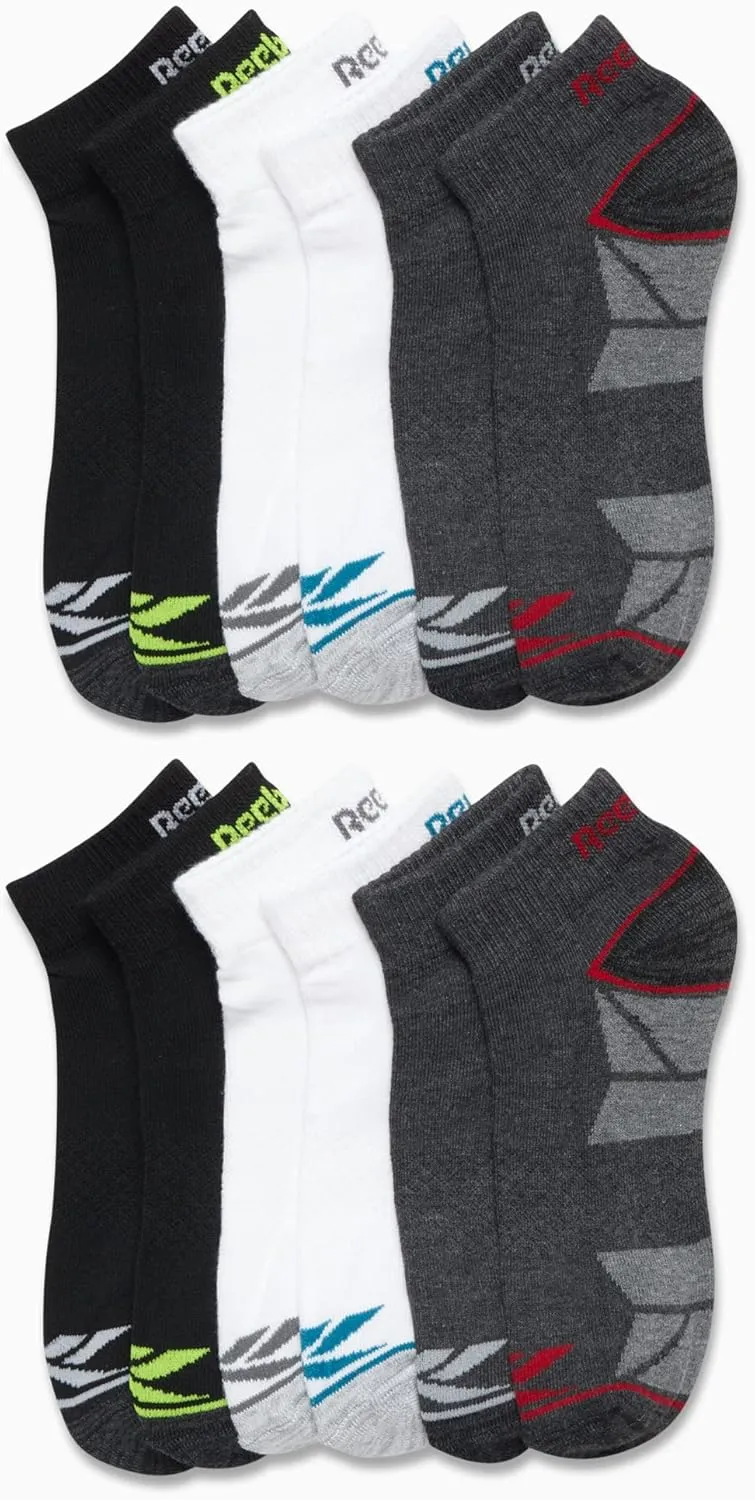 Reebok Boys' Quarter Socks - 12 Pack Stretch Performance Quarter Cut Arch Support Socks - Cushioned Athletic Socks for Boys