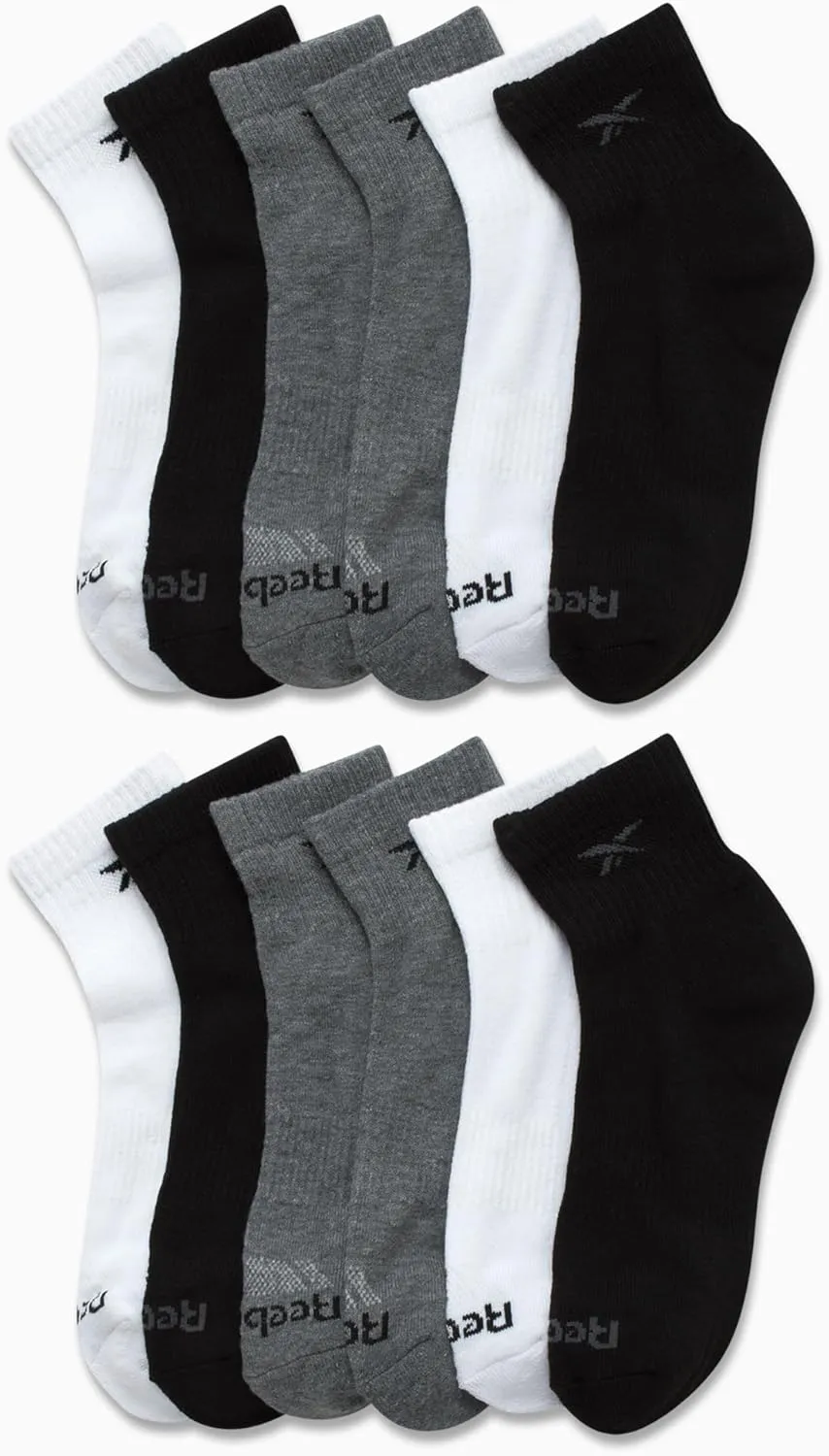 Reebok Boys' Quarter Socks - 12 Pack Stretch Performance Quarter Cut Arch Support Socks - Cushioned Athletic Socks for Boys