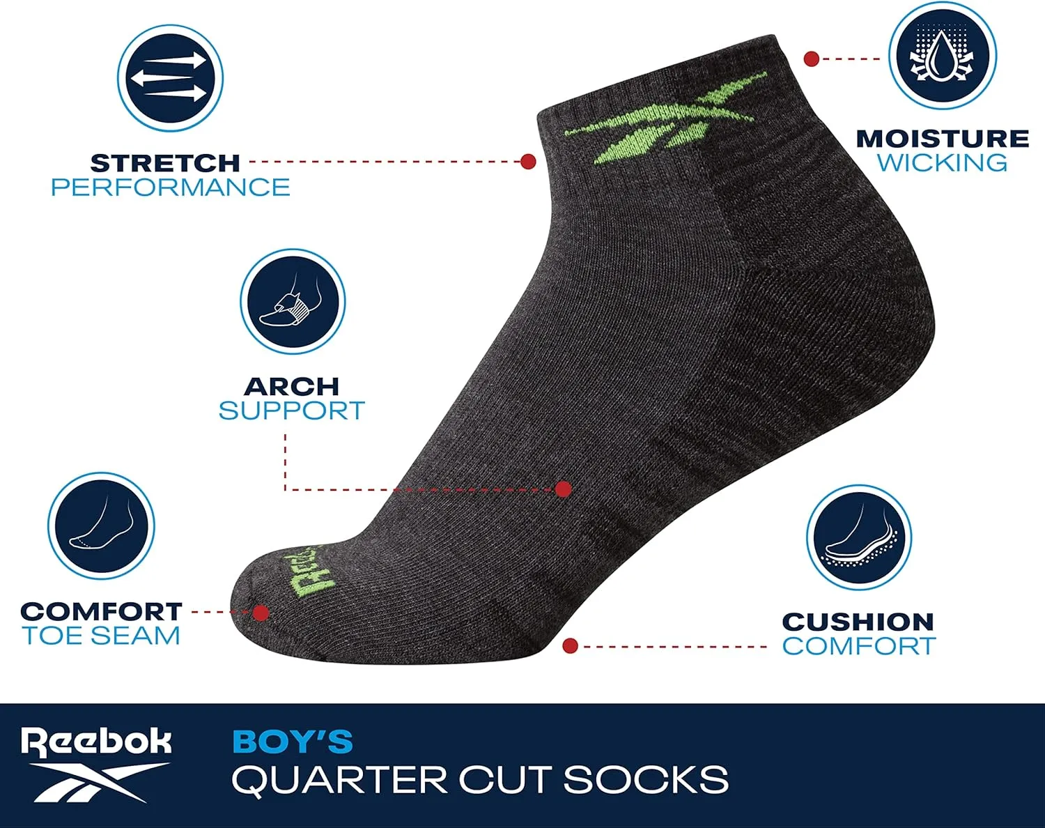 Reebok Boys' Quarter Socks - 12 Pack Stretch Performance Quarter Cut Arch Support Socks - Cushioned Athletic Socks for Boys