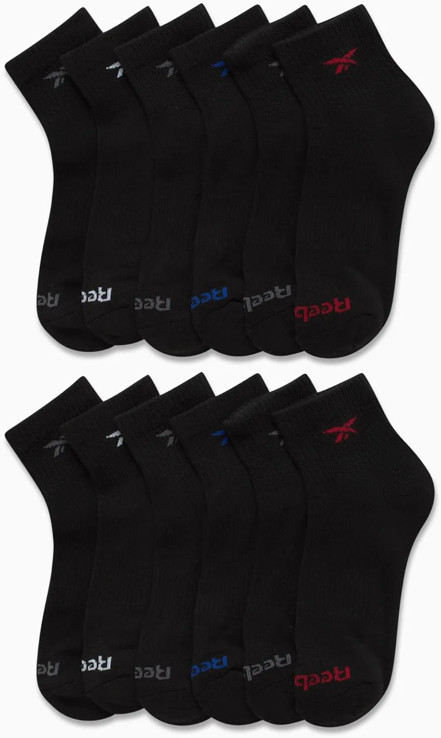 Reebok Boys' Quarter Socks - 12 Pack Stretch Performance Quarter Cut Arch Support Socks - Cushioned Athletic Socks for Boys