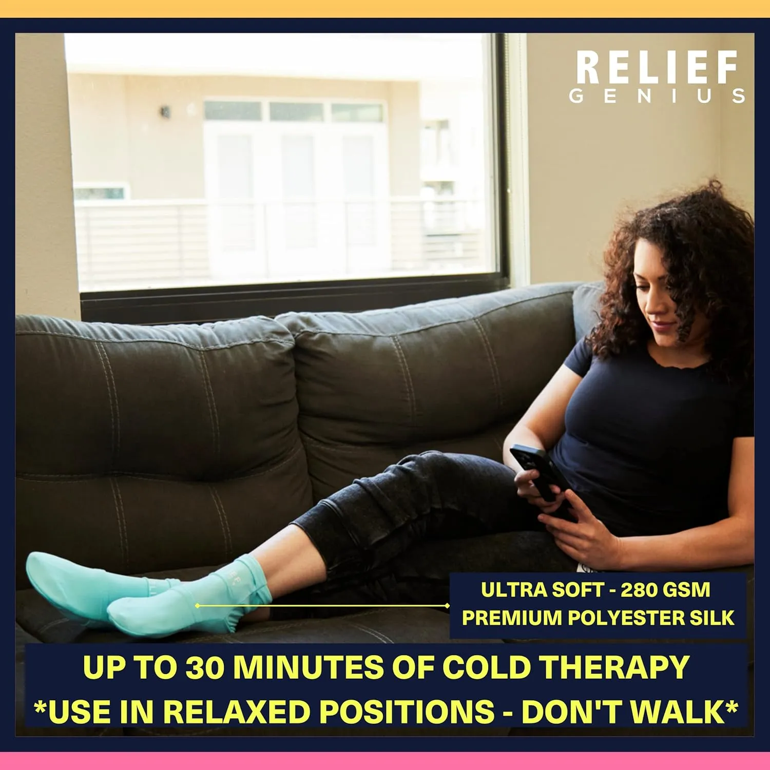 Relief Genius Cold Therapy Socks with Reusable Gel ice Packs - Achieve Relief from Sprains, Muscle Pain, Bruises, Swelling, Edema, Chemotherapy, Arthritis, Post Partum Foot (Blue, Small/Medium)