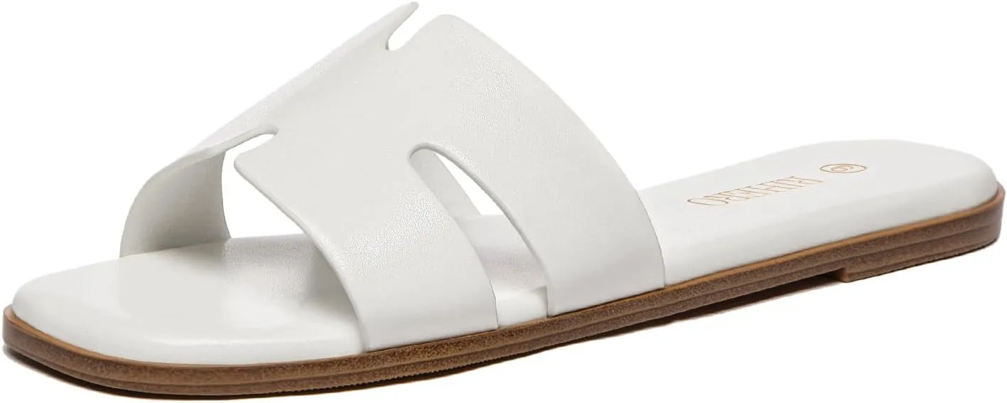 Rihero Women's Dressy Flat Sandals Comfortable Slip On Leather Slide Sandals