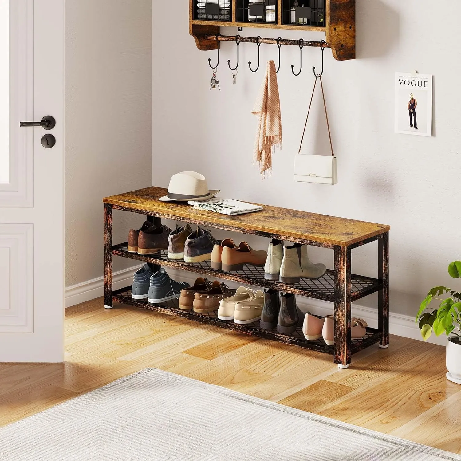 Rolanstar Shoe Bench, 3-Tier Shoe Rack, 39.4” Storage Entry Bench with Mesh Shelves Wood Seat, Rustic Foyer Bench for Hallway Front Door, Doorway, Living Room, Mudroom, Steel Frame, Rustic Brown