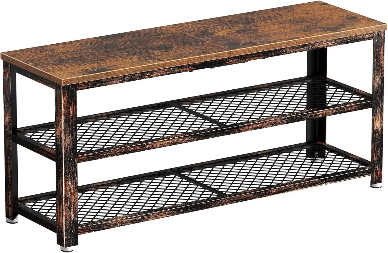 Rolanstar Shoe Bench, 3-Tier Shoe Rack, 39.4” Storage Entry Bench with Mesh Shelves Wood Seat, Rustic Foyer Bench for Hallway Front Door, Doorway, Living Room, Mudroom, Steel Frame, Rustic Brown