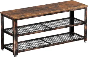 Rolanstar Shoe Bench, 3-Tier Shoe Rack, 39.4” Storage Entry Bench with Mesh Shelves Wood Seat, Rustic Foyer Bench for Hallway Front Door, Doorway, Living Room, Mudroom, Steel Frame, Rustic Brown