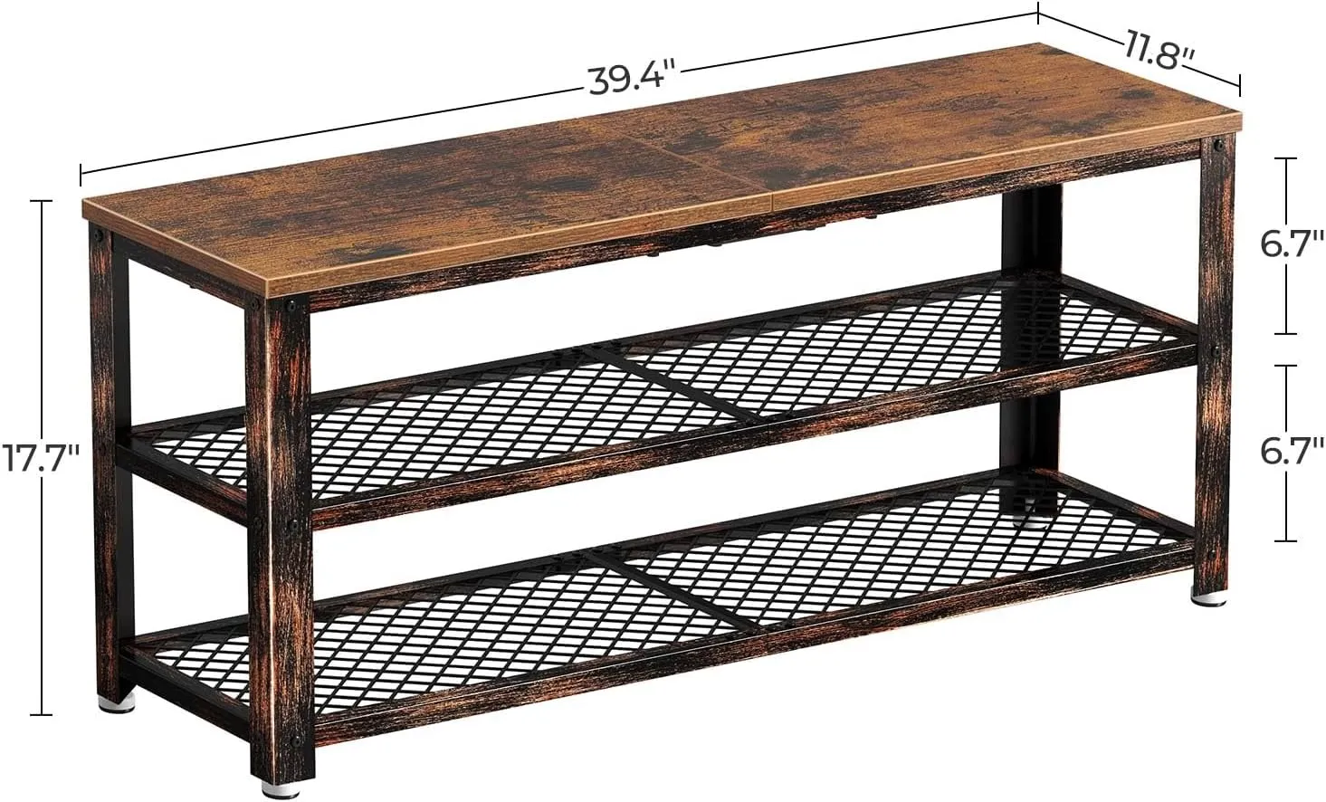 Rolanstar Shoe Bench, 3-Tier Shoe Rack, 39.4” Storage Entry Bench with Mesh Shelves Wood Seat, Rustic Foyer Bench for Hallway Front Door, Doorway, Living Room, Mudroom, Steel Frame, Rustic Brown