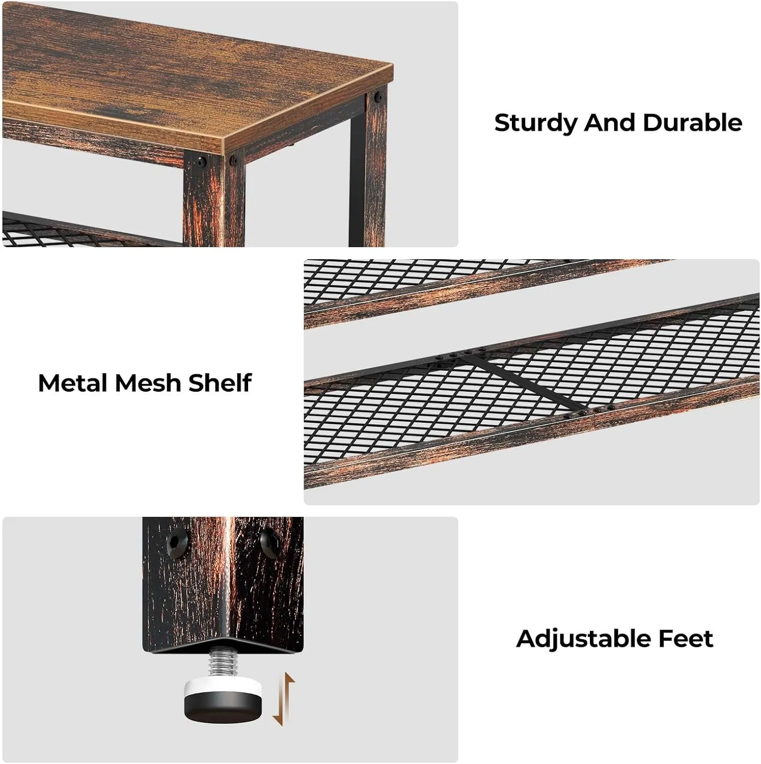 Rolanstar Shoe Bench, 3-Tier Shoe Rack, 39.4” Storage Entry Bench with Mesh Shelves Wood Seat, Rustic Foyer Bench for Hallway Front Door, Doorway, Living Room, Mudroom, Steel Frame, Rustic Brown