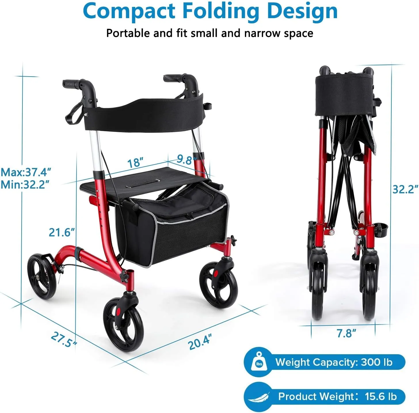 Rollator Walkers for Seniors- Rollator Walker with Seat 8" Wheels- Easy Folding Senior Walker with Padded Backrest- Lightweight Mobility Walking Aid for Adult Elderly, Aluminum Frame, Red