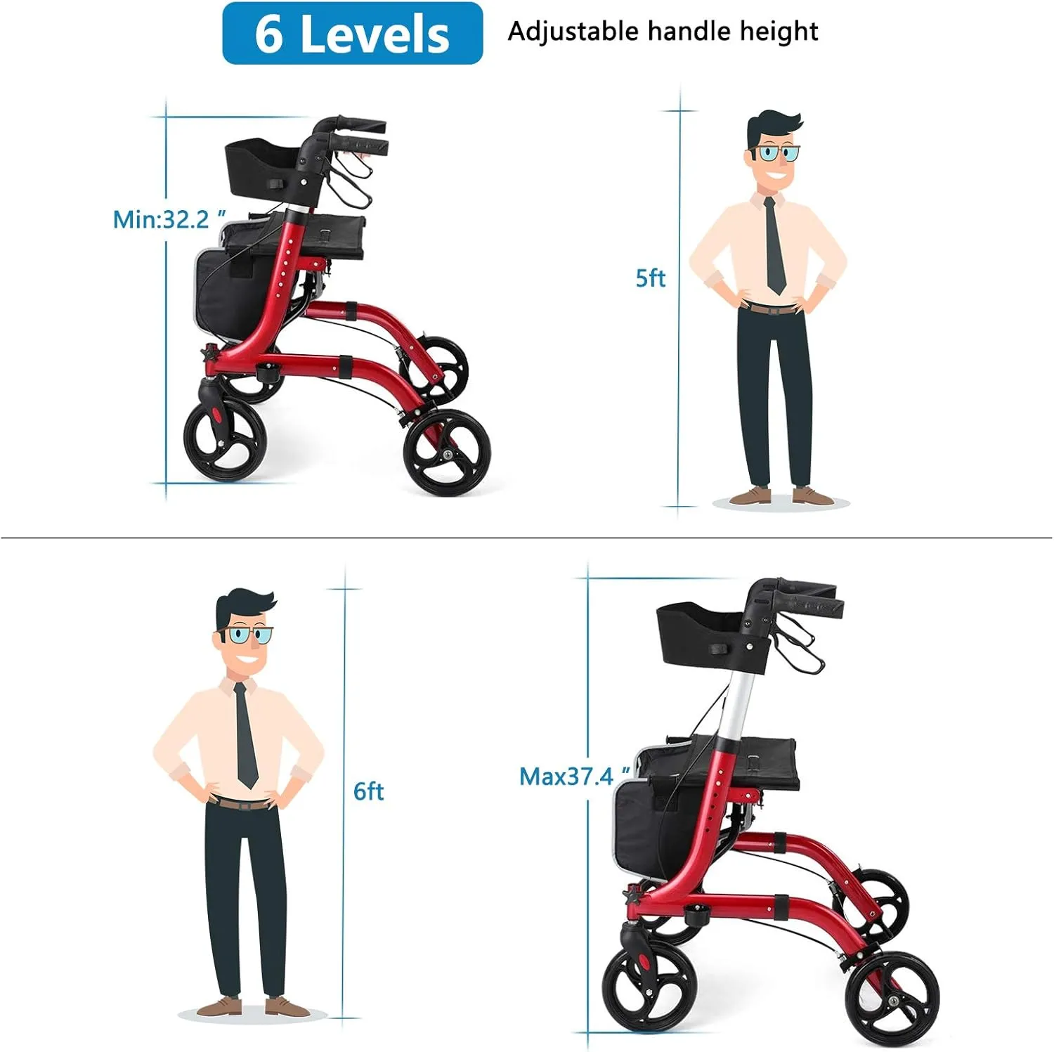 Rollator Walkers for Seniors- Rollator Walker with Seat 8" Wheels- Easy Folding Senior Walker with Padded Backrest- Lightweight Mobility Walking Aid for Adult Elderly, Aluminum Frame, Red