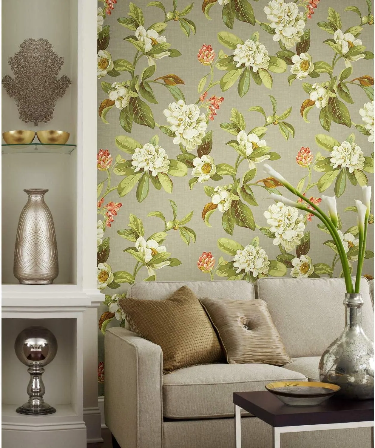 RoomMates Waverly RMK11883RL Live Artfully Peel and Stick Wallpaper (18 in x 18.86 ft) – Easy Application, No Sticky Residue – Taupe and Green