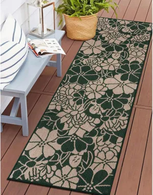 Rugshop Modern Floral Flowers Textured Flat Weave Easy-to-Clean Outdoor Rugs for Deck,Patio,Backyard Indoor/Outdoor Runner Rug 2' x 7' Green