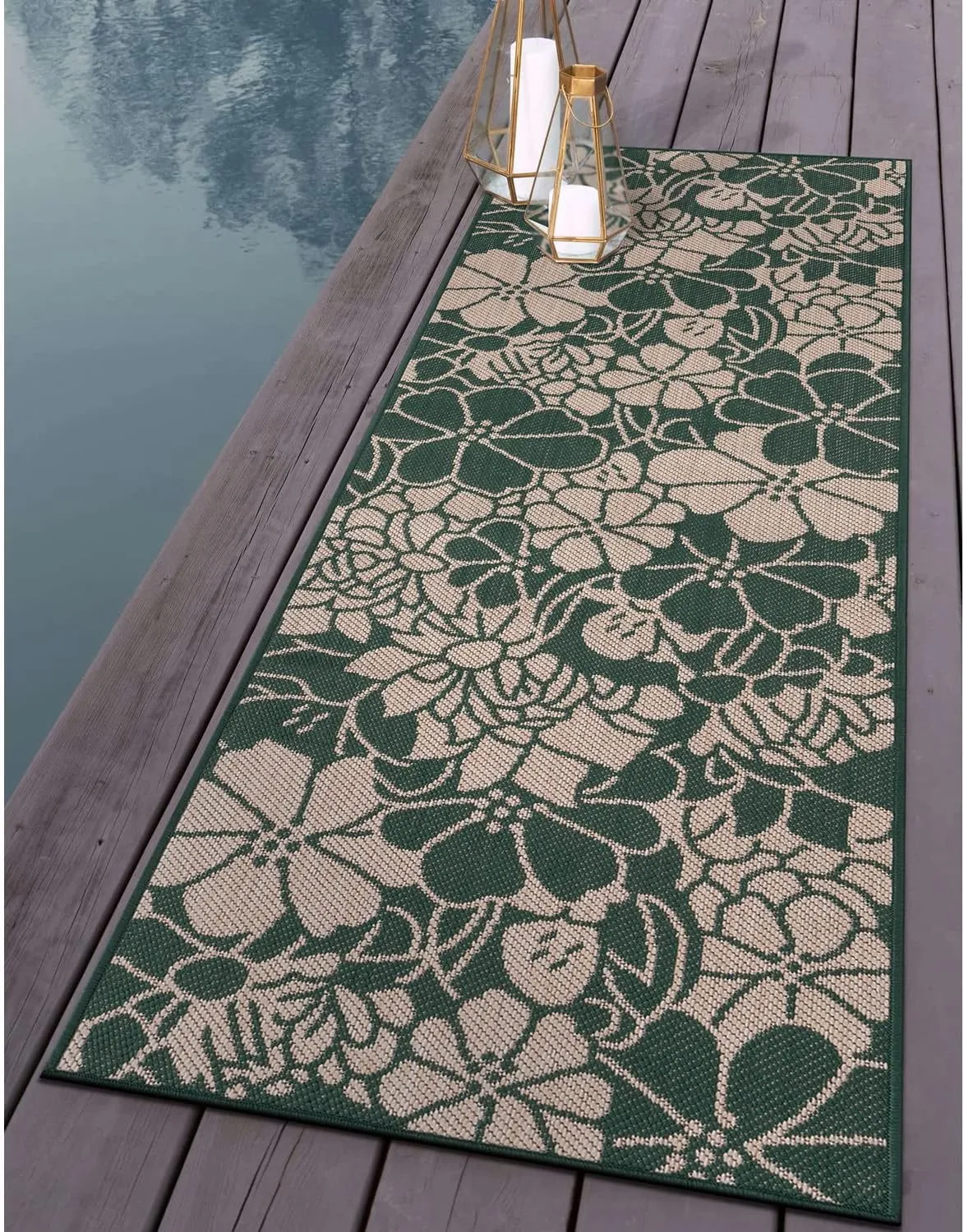 Rugshop Modern Floral Flowers Textured Flat Weave Easy-to-Clean Outdoor Rugs for Deck,Patio,Backyard Indoor/Outdoor Runner Rug 2' x 7' Green