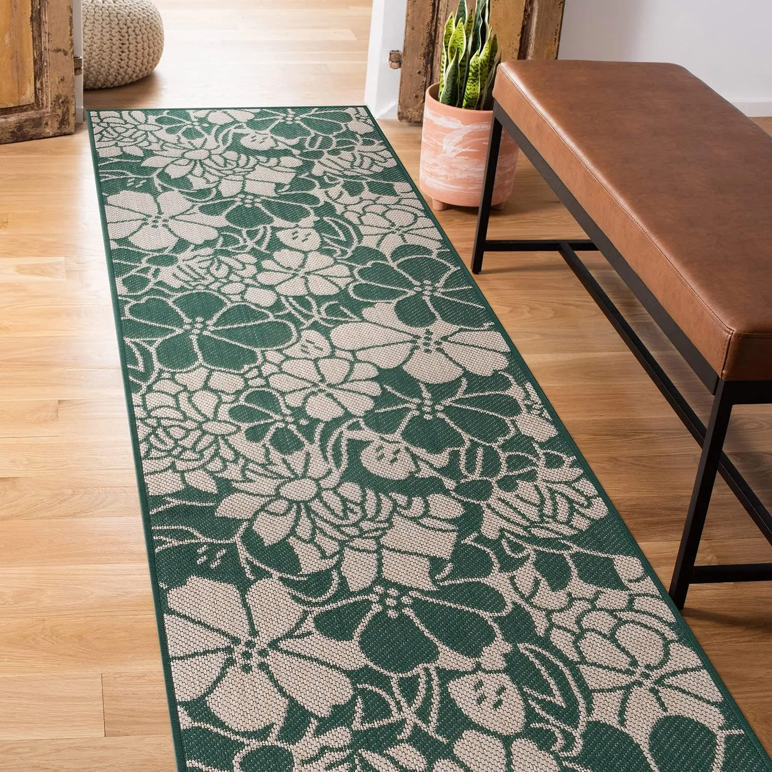 Rugshop Modern Floral Flowers Textured Flat Weave Easy-to-Clean Outdoor Rugs for Deck,Patio,Backyard Indoor/Outdoor Runner Rug 2' x 7' Green