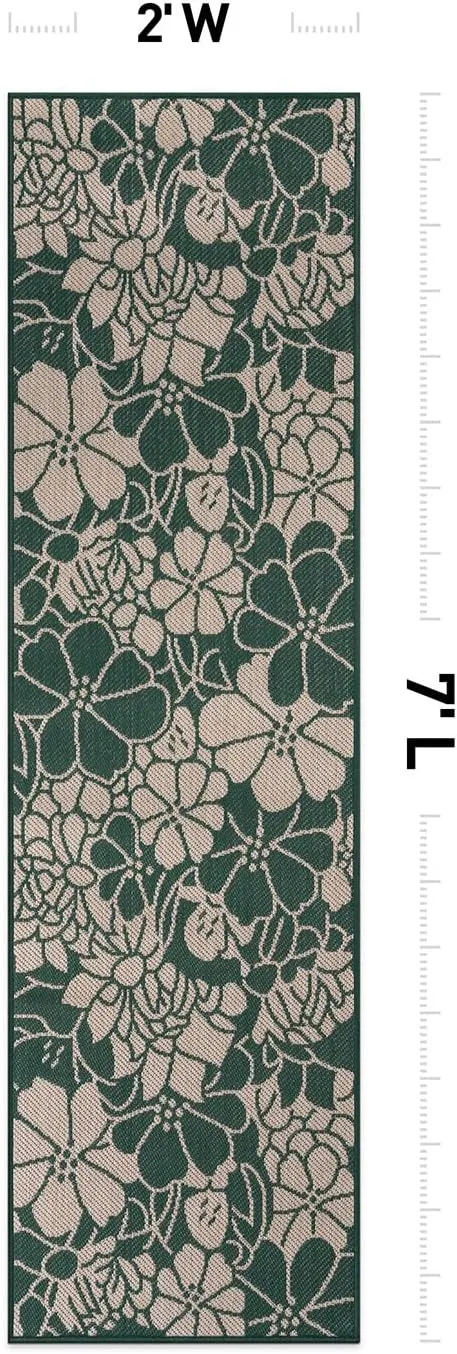 Rugshop Modern Floral Flowers Textured Flat Weave Easy-to-Clean Outdoor Rugs for Deck,Patio,Backyard Indoor/Outdoor Runner Rug 2' x 7' Green