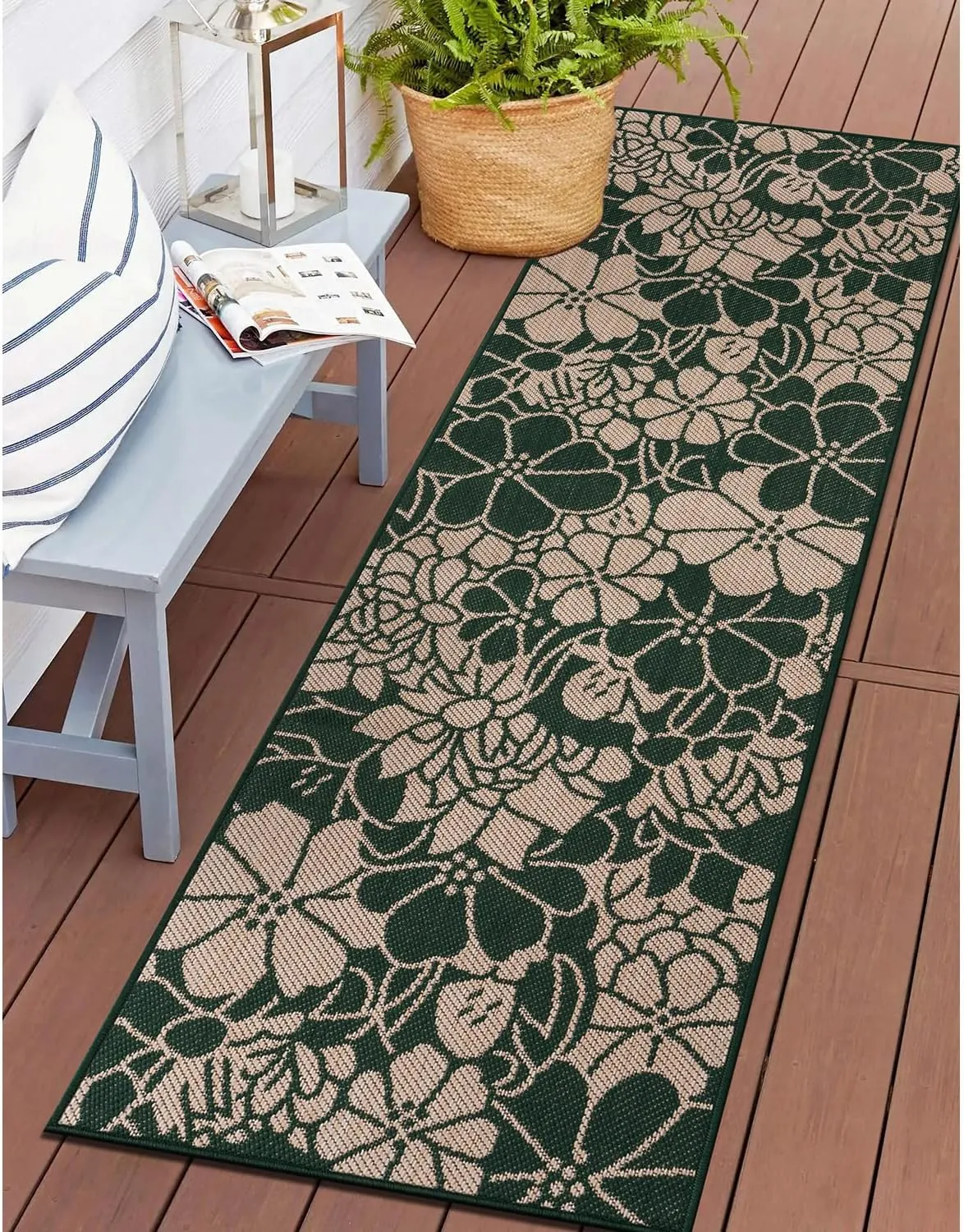 Rugshop Modern Floral Flowers Textured Flat Weave Easy-to-Clean Outdoor Rugs for Deck,Patio,Backyard Indoor/Outdoor Runner Rug 2' x 7' Green