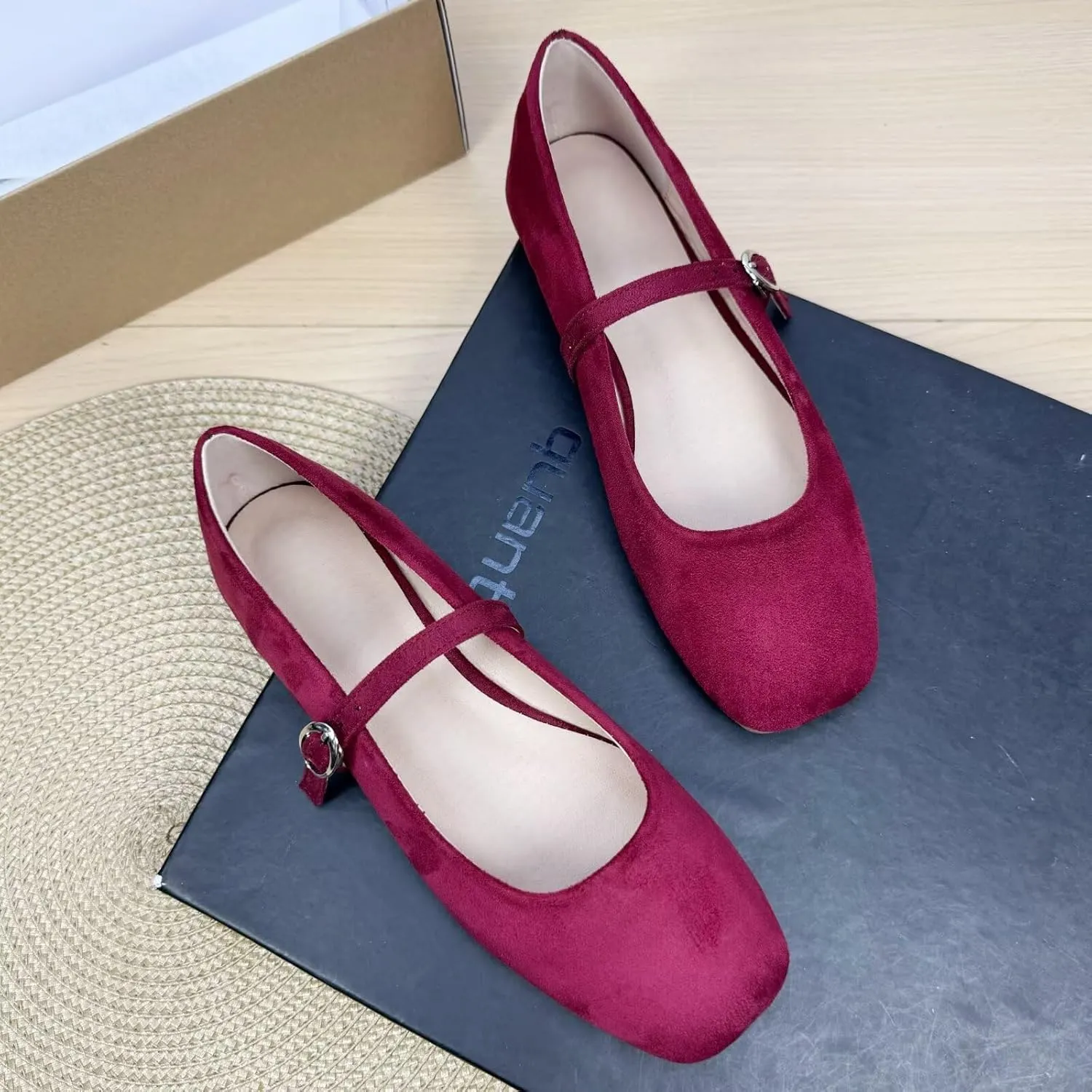 SAILING LU Women's Mary Jane Ballet Flats Square Toe Flat Shoes Suede Dress Shoes Comfortable Wear to Work Slip On Moccasins
