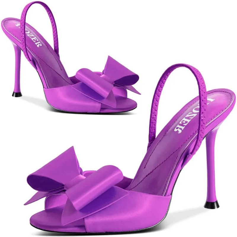 Satin High Heels Slingback Open Toe Mules Sandals Bow Stiletto Sexy Heels Comfortable Wedding Party Shoes