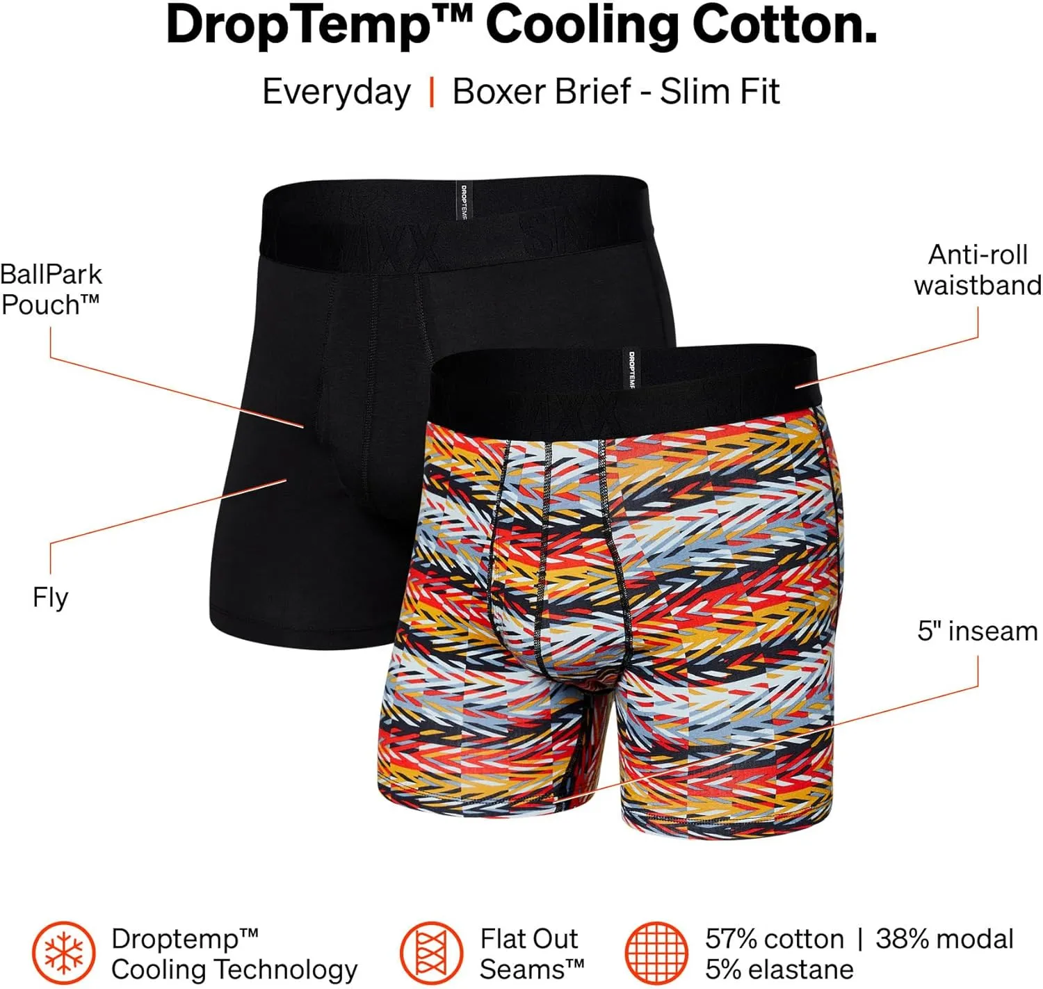SAXX Underwear Co. Men's Underwear with Pouch Droptemp Cooling Cotton Boxer Brief Fly 2Pk