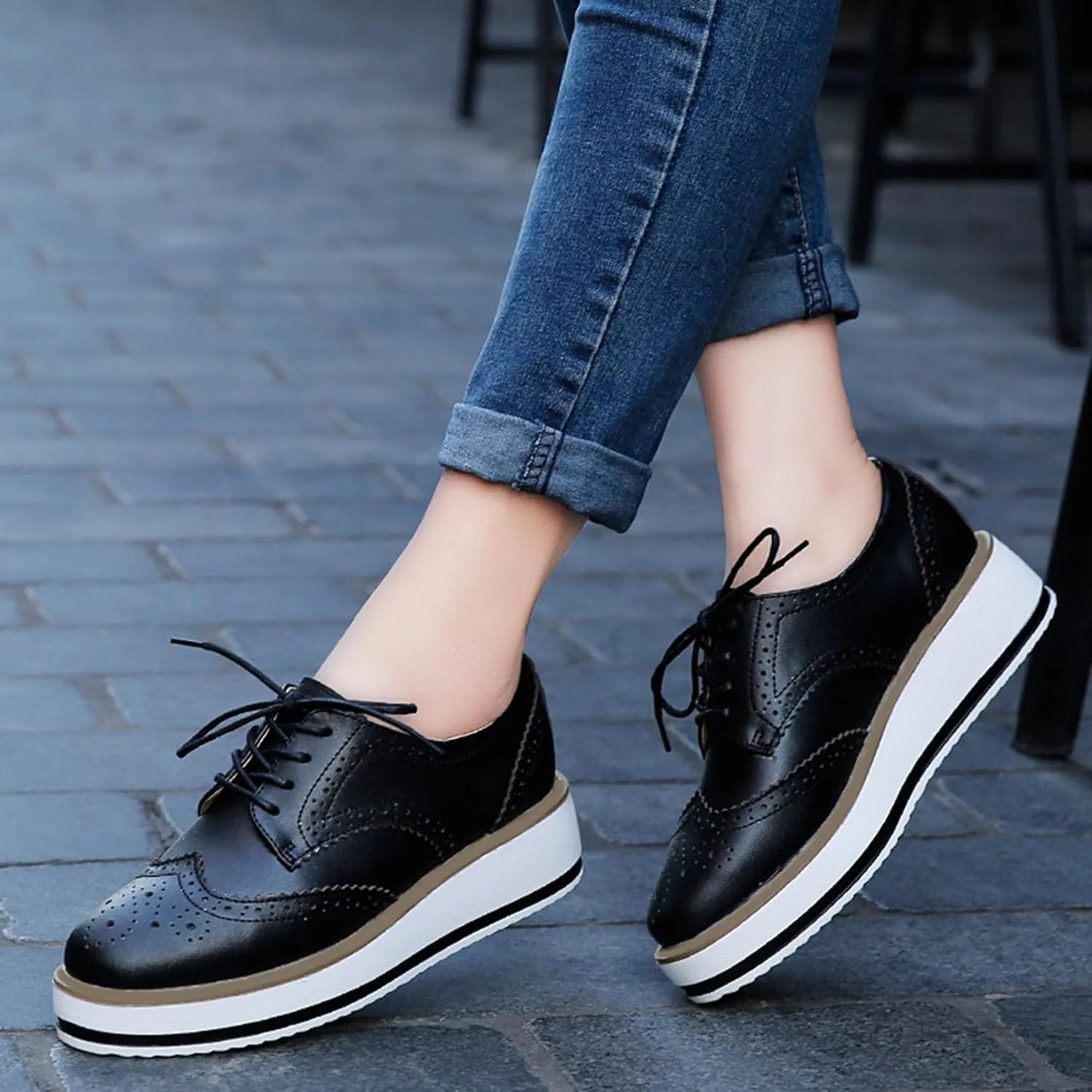 SHEMEE Women's Platform Low Heels Flat Lace Up Wingtip Oxfords Pumps Wedge Vintage Round Toe Brogues Dress Shoes