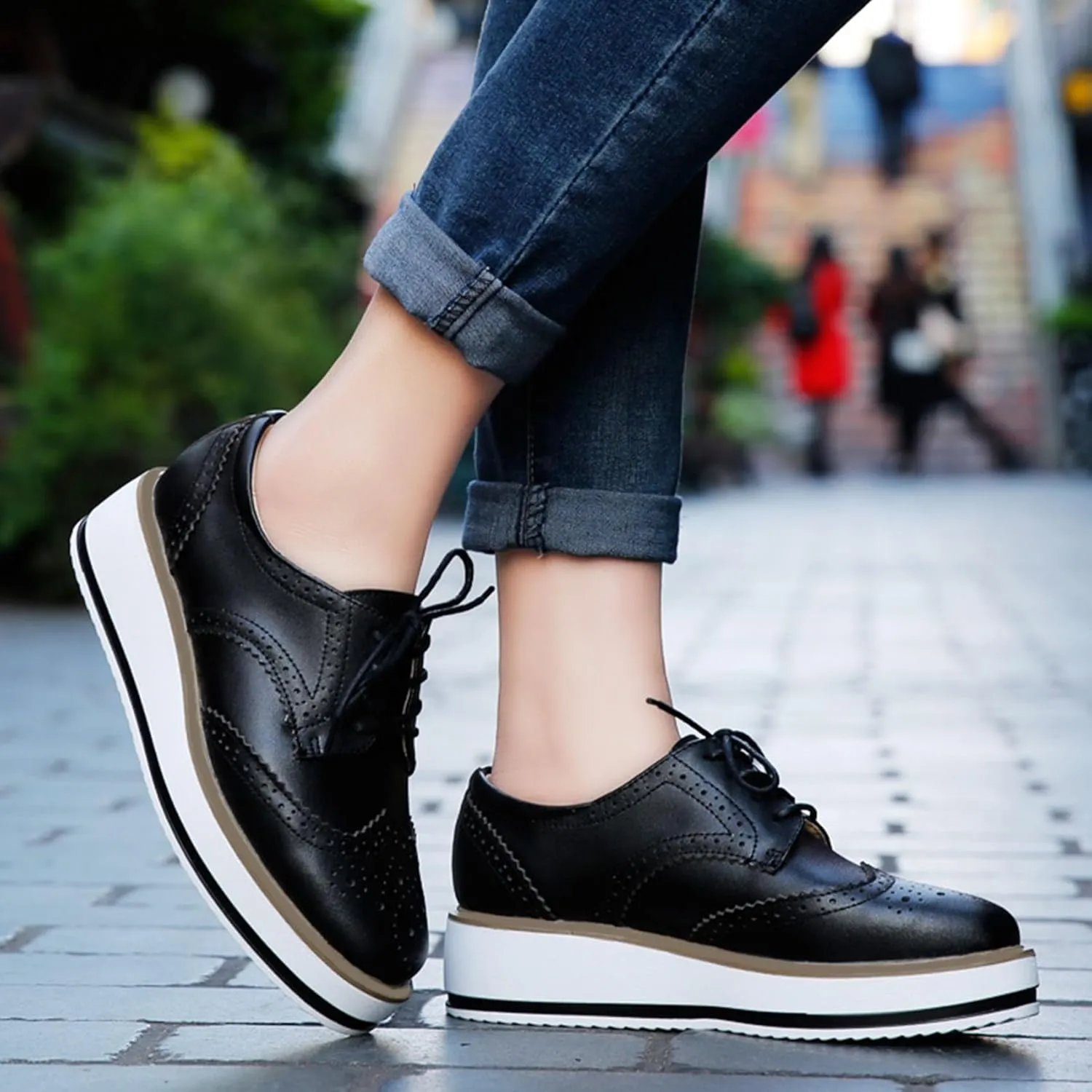 SHEMEE Women's Platform Low Heels Flat Lace Up Wingtip Oxfords Pumps Wedge Vintage Round Toe Brogues Dress Shoes