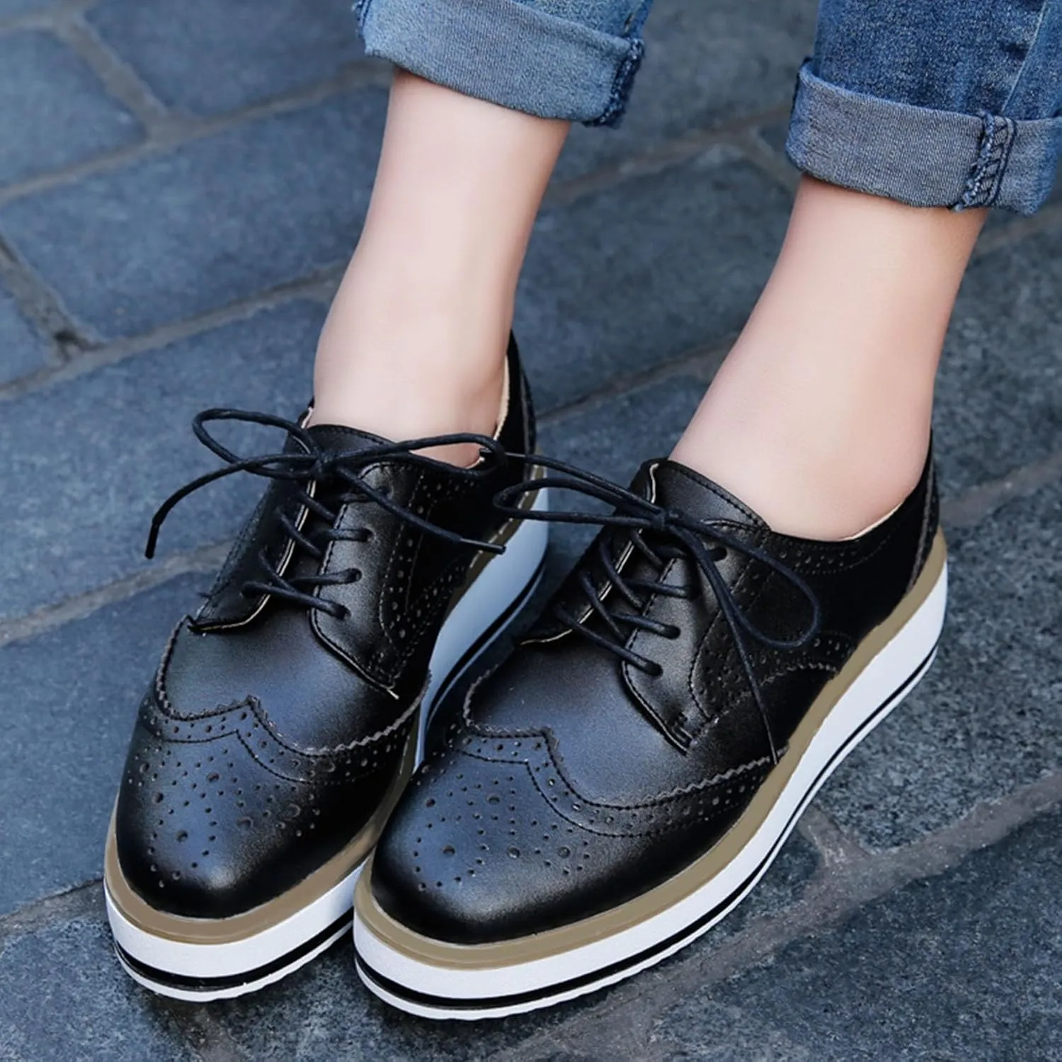 SHEMEE Women's Platform Low Heels Flat Lace Up Wingtip Oxfords Pumps Wedge Vintage Round Toe Brogues Dress Shoes