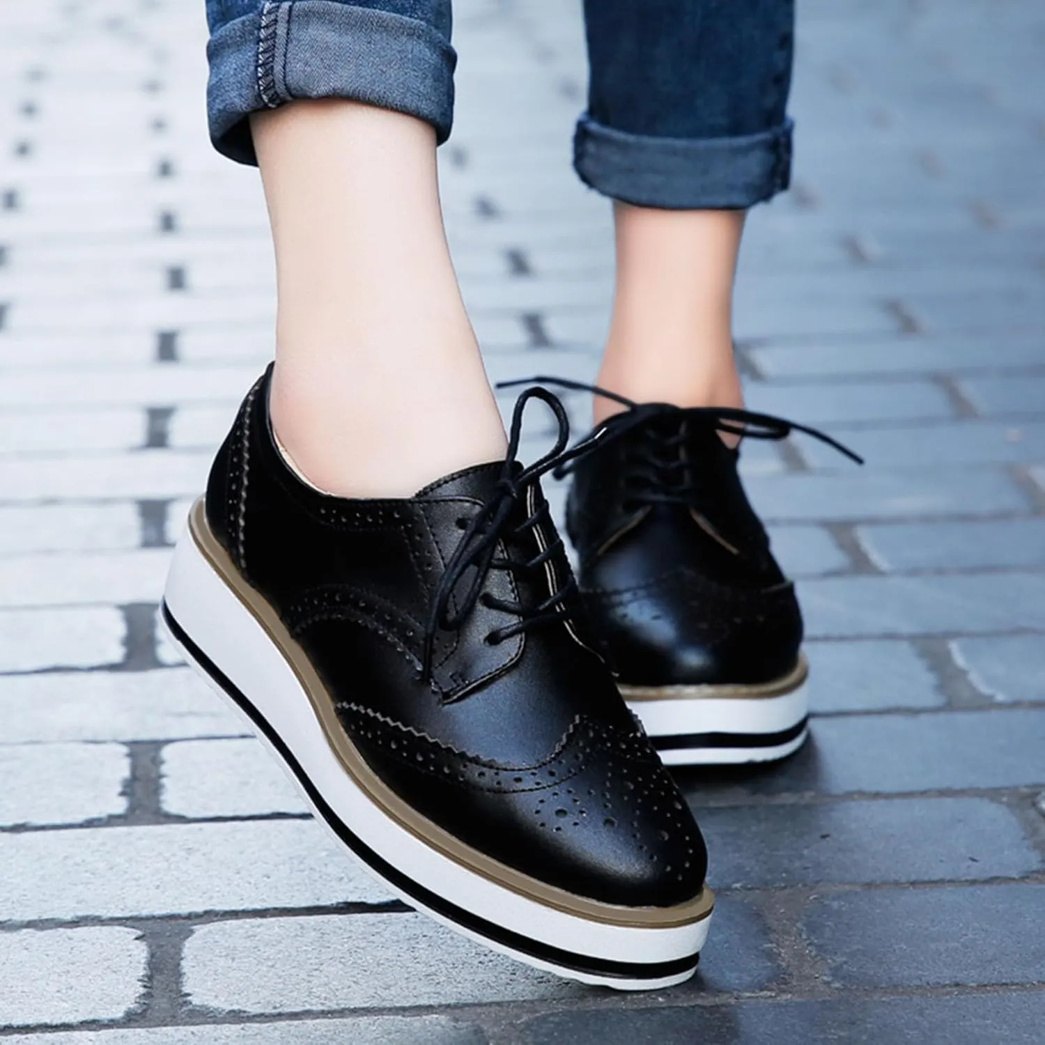 SHEMEE Women's Platform Low Heels Flat Lace Up Wingtip Oxfords Pumps Wedge Vintage Round Toe Brogues Dress Shoes