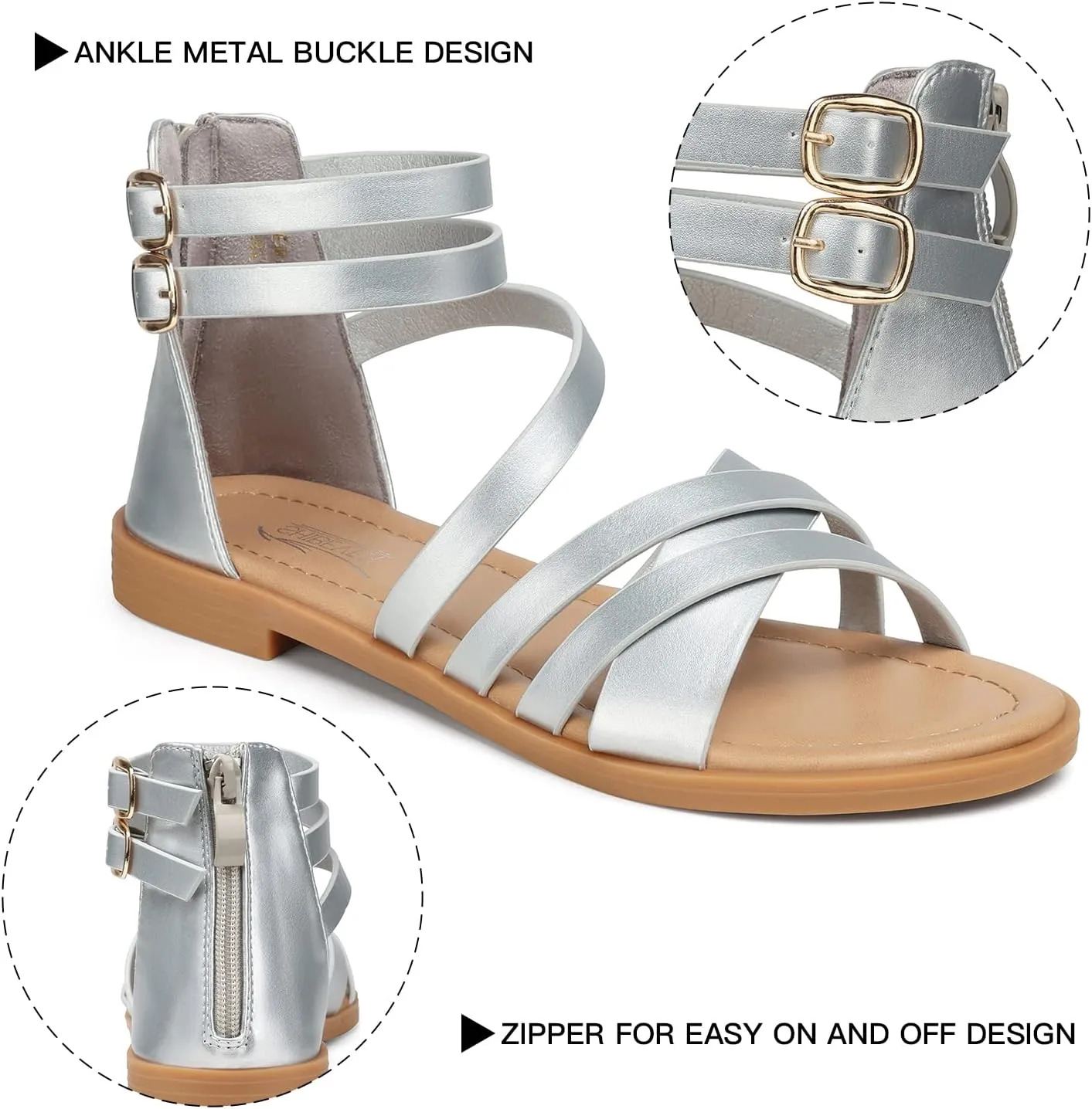 SHIBEVER Gladiator Strappy Sandals for Women: Dressy Summer Comfortable Flat, Back Zipper Roman Comfy Womens Sandals