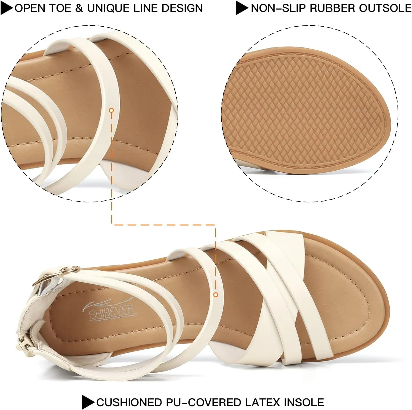 SHIBEVER Gladiator Strappy Sandals for Women: Dressy Summer Comfortable Flat, Back Zipper Roman Comfy Womens Sandals