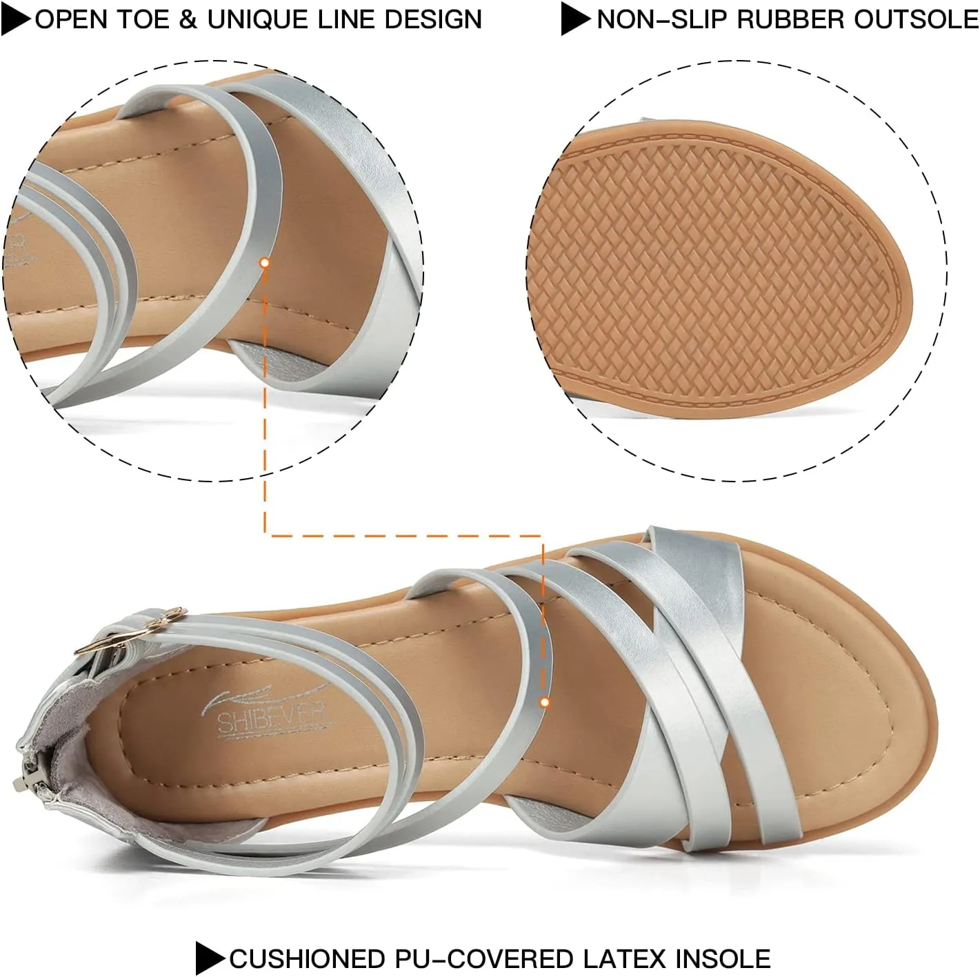 SHIBEVER Gladiator Strappy Sandals for Women: Dressy Summer Comfortable Flat, Back Zipper Roman Comfy Womens Sandals
