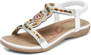 SHIBEVER Womens Flat Sandals Elastic Ankle Strap Sandals Dressy Casual Summer