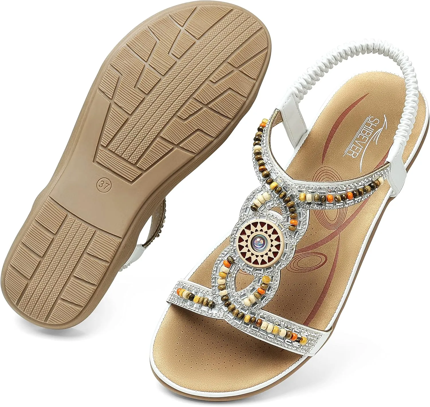 SHIBEVER Womens Flat Sandals Elastic Ankle Strap Sandals Dressy Casual Summer