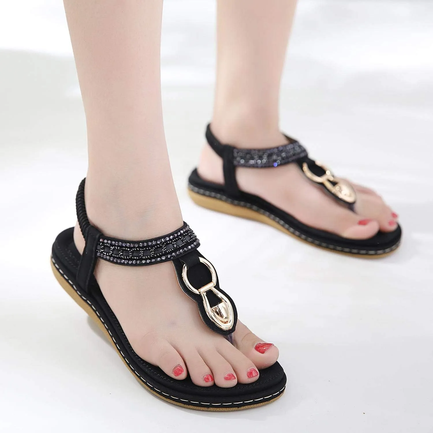 SHIBEVER Womens Sandals Dressy Summer: Women Comfortable Walking Flat Bohemian T-Strap Ladies Casual Comfy Sandals