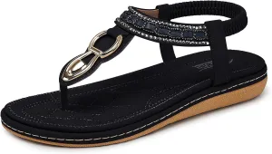 SHIBEVER Womens Sandals Dressy Summer: Women Comfortable Walking Flat Bohemian T-Strap Ladies Casual Comfy Sandals