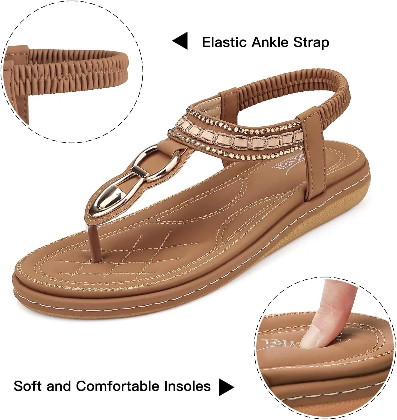 SHIBEVER Womens Sandals Dressy Summer: Women Comfortable Walking Flat Bohemian T-Strap Ladies Casual Comfy Sandals