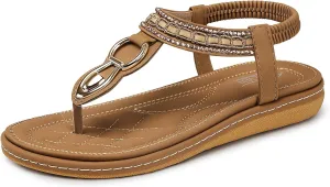 SHIBEVER Womens Sandals Dressy Summer: Women Comfortable Walking Flat Bohemian T-Strap Ladies Casual Comfy Sandals
