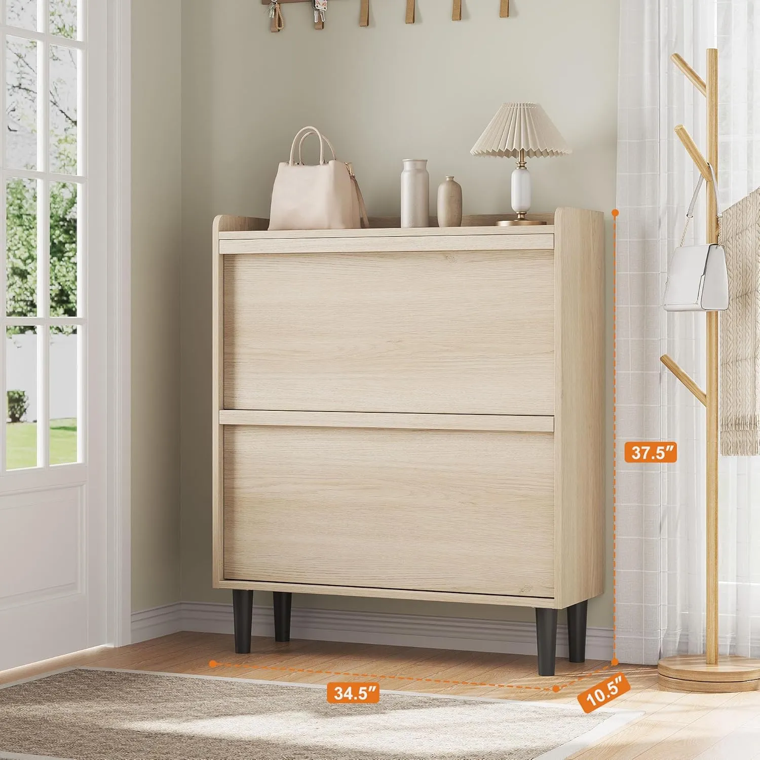 Shoe Cabinet with 2 Flip Drawers, Wooden Shoe Organizer Cabinet with Adjustable Shelf, Shoe Storage for Entryway, Hidden Shoe Cabinet for Hallway, Living Room, Natural Oak