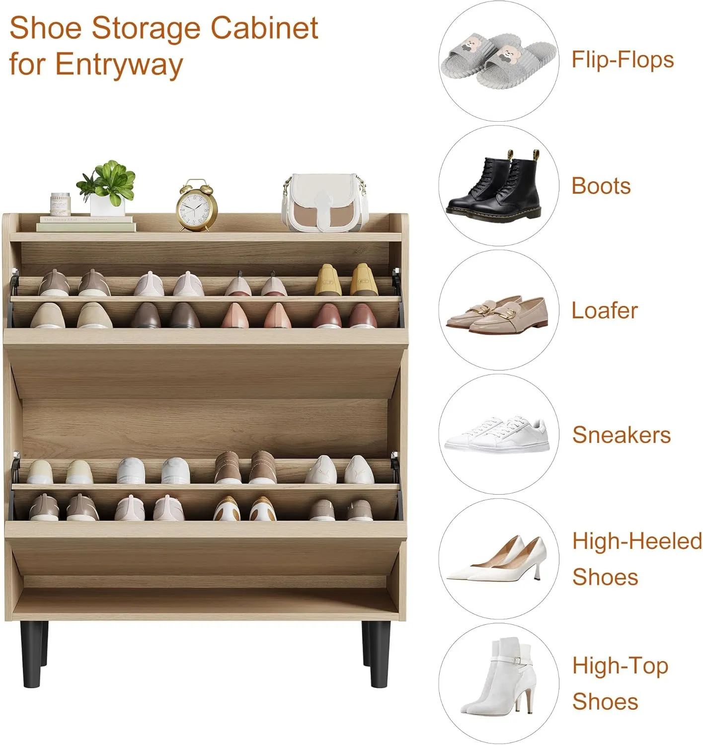Shoe Cabinet with 2 Flip Drawers, Wooden Shoe Organizer Cabinet with Adjustable Shelf, Shoe Storage for Entryway, Hidden Shoe Cabinet for Hallway, Living Room, Natural Oak