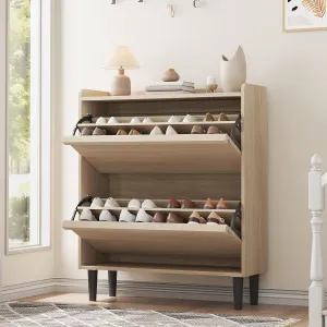 Shoe Cabinet with 2 Flip Drawers, Wooden Shoe Organizer Cabinet with Adjustable Shelf, Shoe Storage for Entryway, Hidden Shoe Cabinet for Hallway, Living Room, Natural Oak