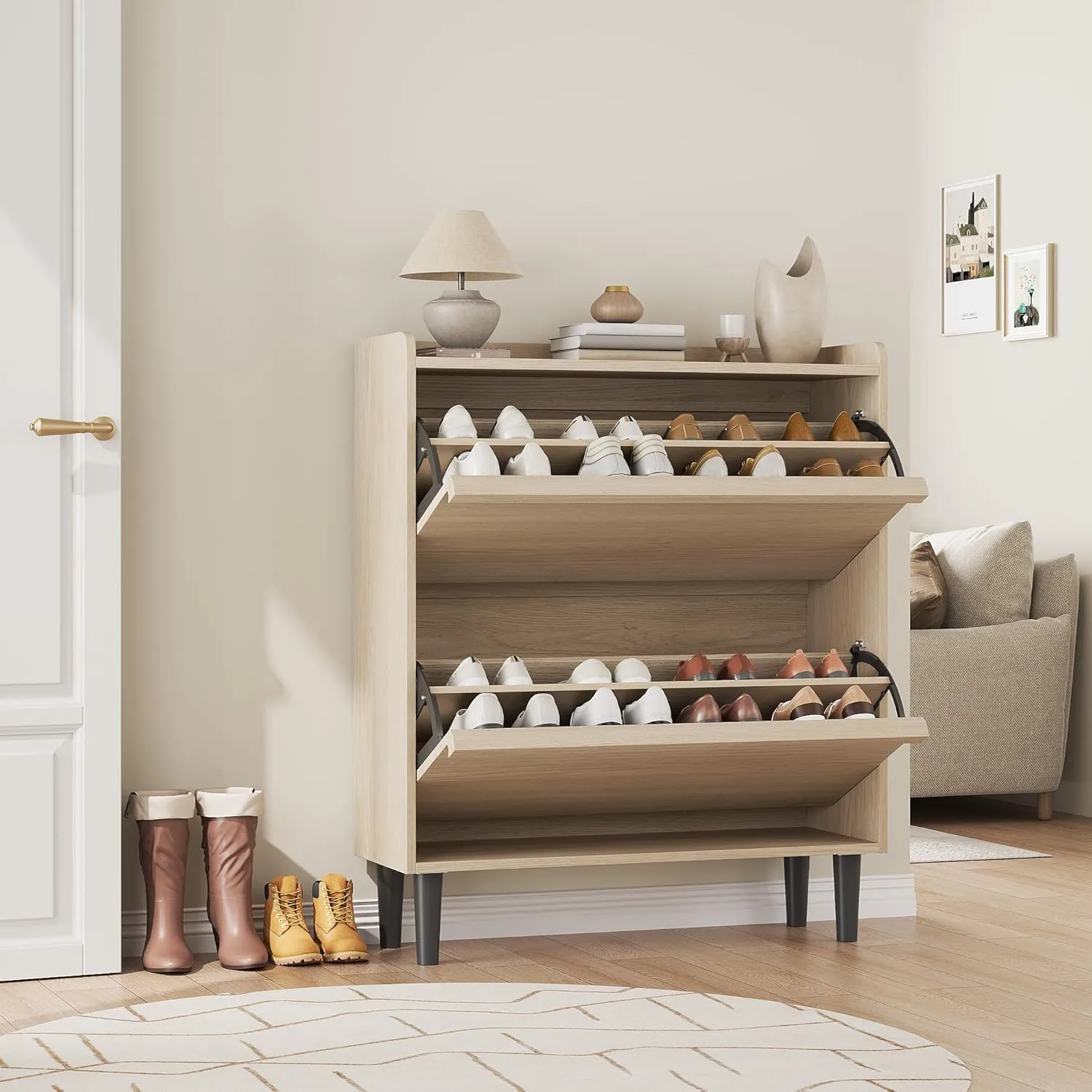 Shoe Cabinet with 2 Flip Drawers, Wooden Shoe Organizer Cabinet with Adjustable Shelf, Shoe Storage for Entryway, Hidden Shoe Cabinet for Hallway, Living Room, Natural Oak