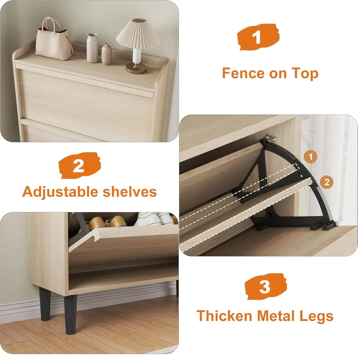 Shoe Cabinet with 2 Flip Drawers, Wooden Shoe Organizer Cabinet with Adjustable Shelf, Shoe Storage for Entryway, Hidden Shoe Cabinet for Hallway, Living Room, Natural Oak