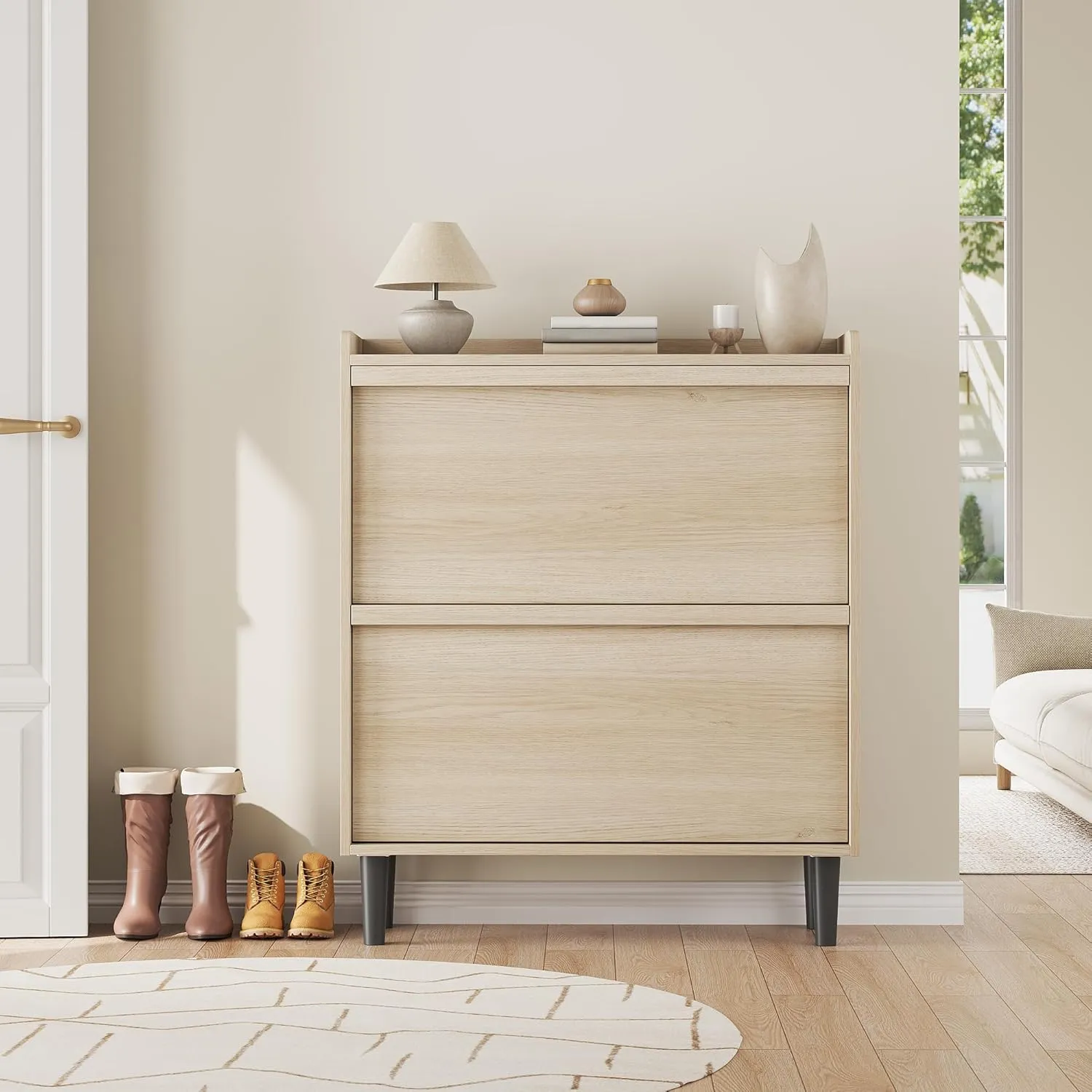 Shoe Cabinet with 2 Flip Drawers, Wooden Shoe Organizer Cabinet with Adjustable Shelf, Shoe Storage for Entryway, Hidden Shoe Cabinet for Hallway, Living Room, Natural Oak