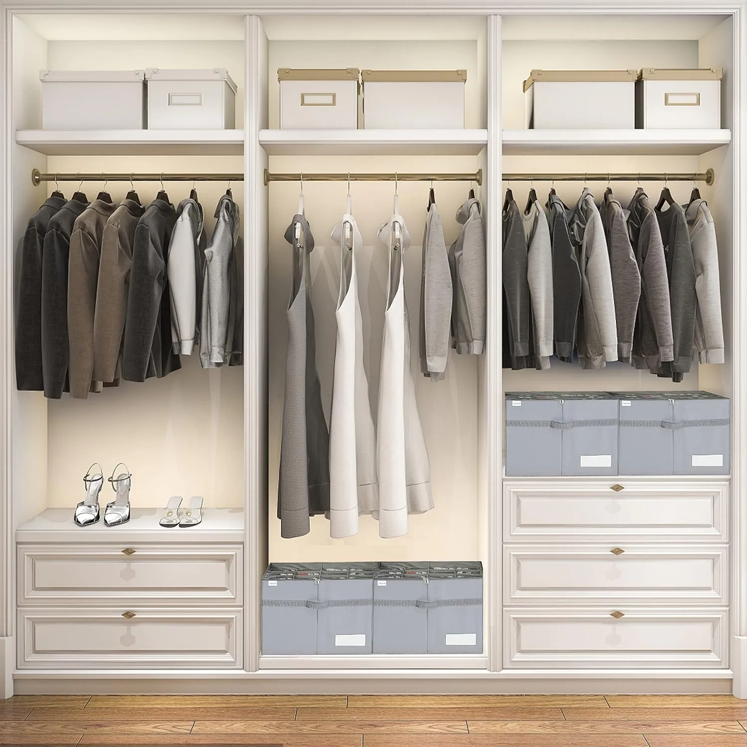 Shoe Organizer for Closet, Fits 16 Pairs, Large Shoe Box Storage Containers, Clear Foldable Shoe Storage Bins w/Bottom Support, Space Saving Shoes Holder w/Reinforced Handles, Gray