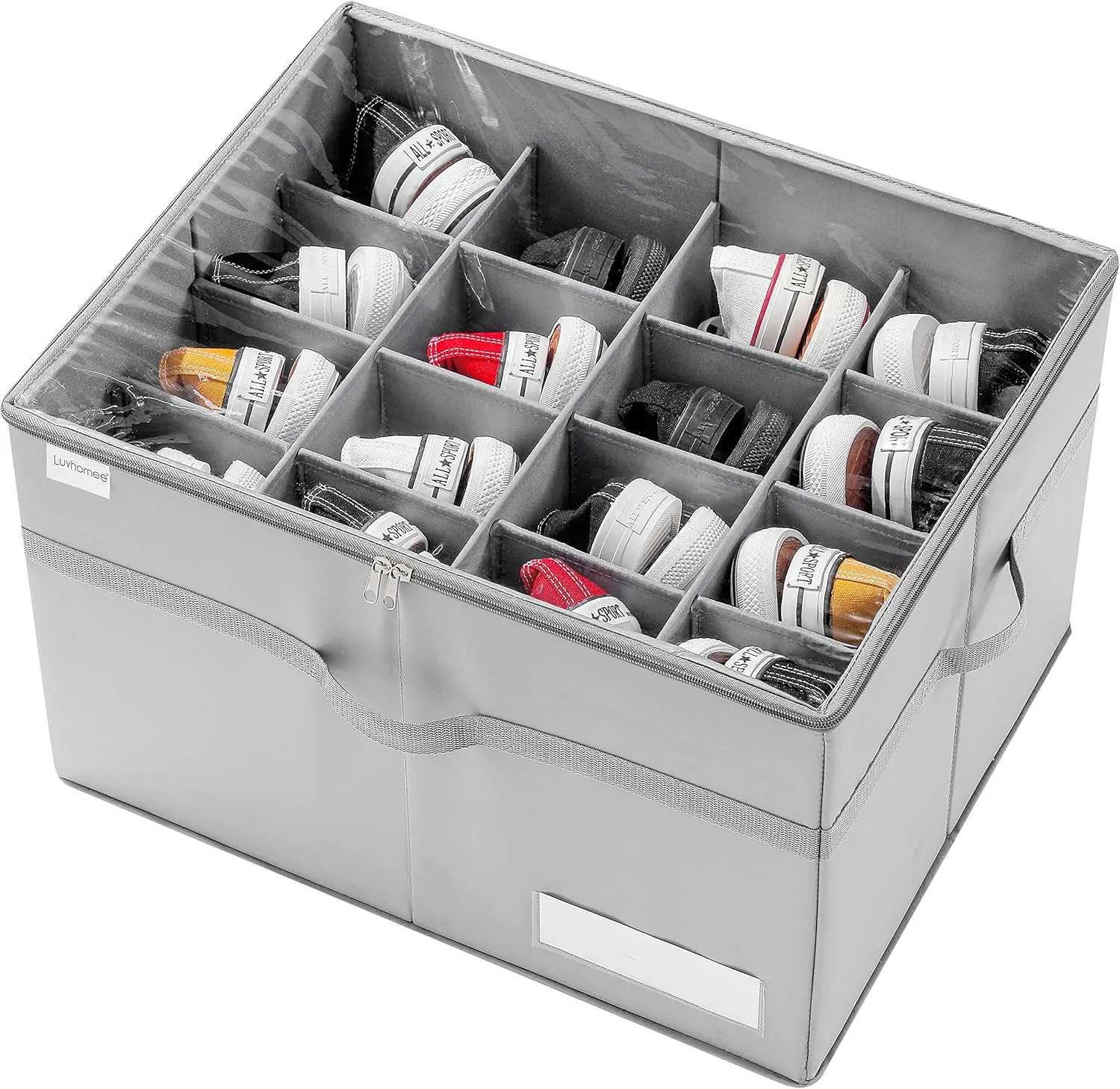 Shoe Organizer for Closet, Fits 16 Pairs, Large Shoe Box Storage Containers, Clear Foldable Shoe Storage Bins w/Bottom Support, Space Saving Shoes Holder w/Reinforced Handles, Gray