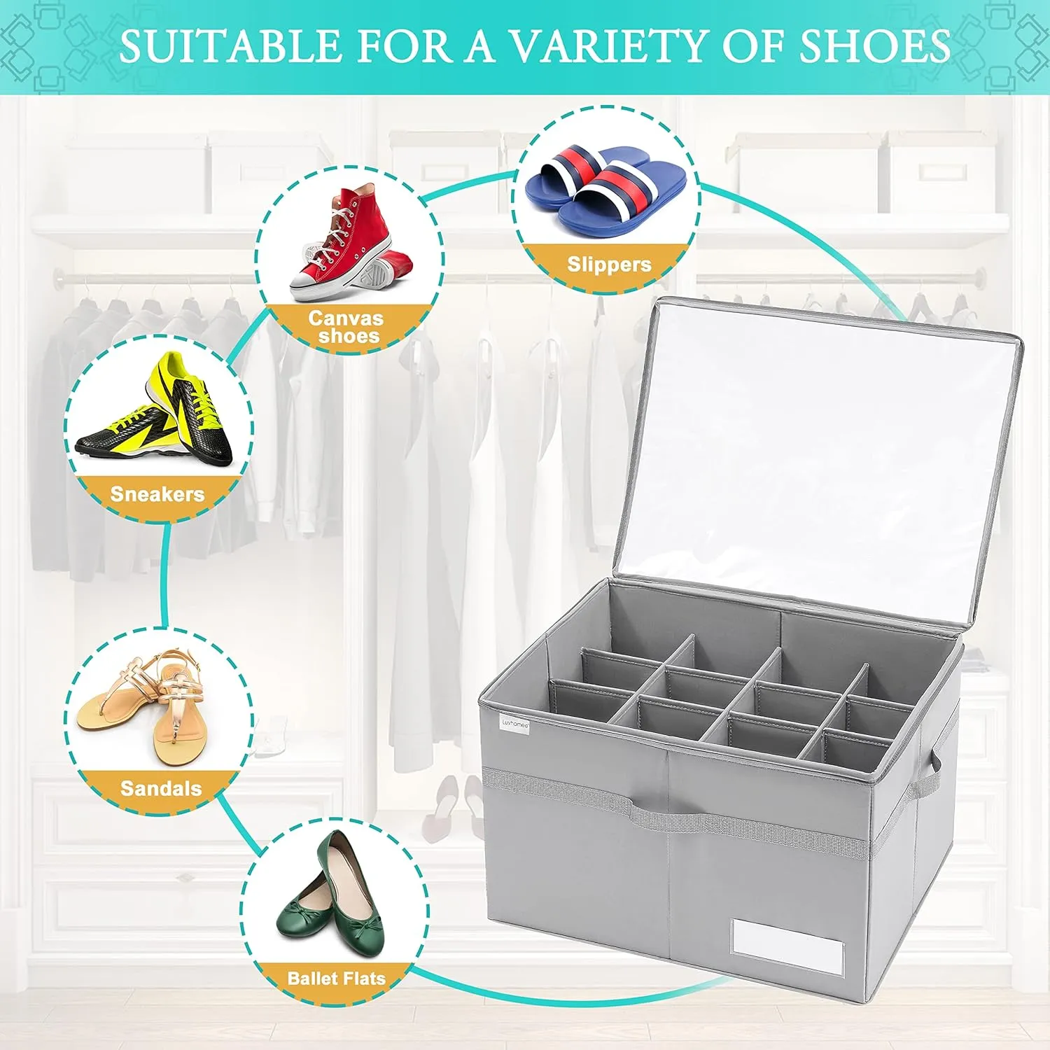 Shoe Organizer for Closet, Fits 16 Pairs, Large Shoe Box Storage Containers, Clear Foldable Shoe Storage Bins w/Bottom Support, Space Saving Shoes Holder w/Reinforced Handles, Gray